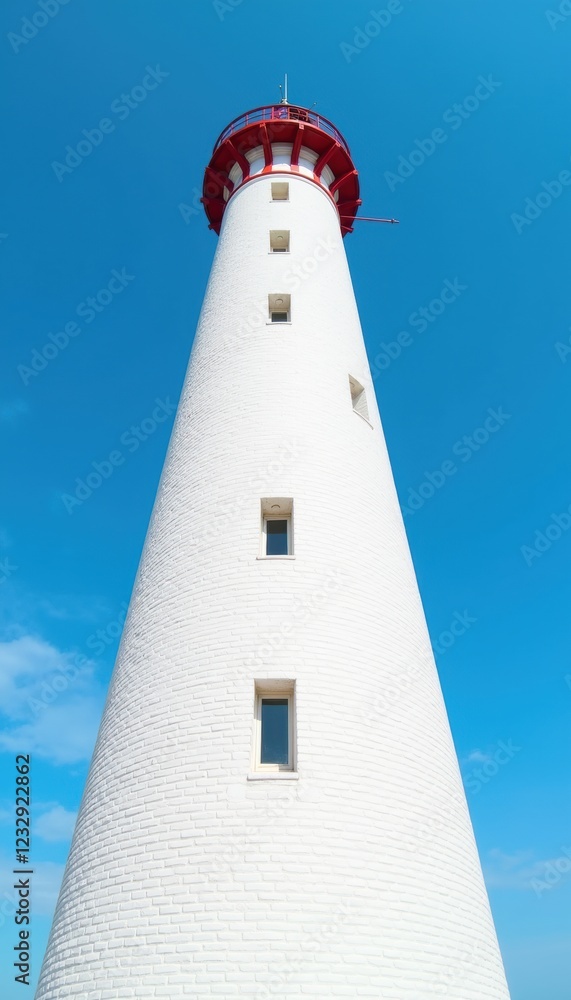 A towering white lighthouse against a bright blue sky, symbolizing guidance, safety, and hope in maritime navigation. A towering white lighthouse against a bright blue sky, symbolizing guidance, safety, and hope in maritime navigation.