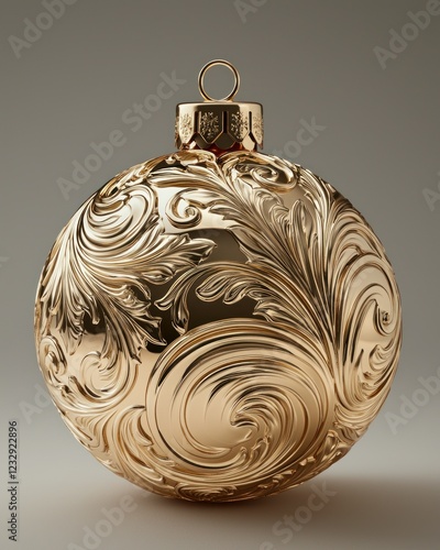 Gold ornate Christmas bauble on plain background, holiday decor photo