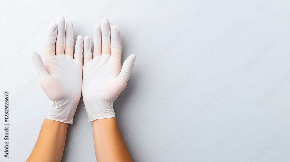 Obraz premium Surgeon adjusting surgical gloves on a sterile background, ensuring a perfect fit for precise medical procedures in the operating room while maintaining high standards of hygiene and safety