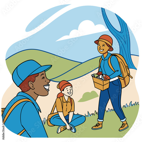 Employees enjoying a team-building retreat in a scenic location Illustrator Artwork