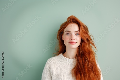 Red-haired woman with long natural waves, wearing a white sweater, pastel green background, beauty and fashion concept, soft and elegant, youthful and confident expression

 photo