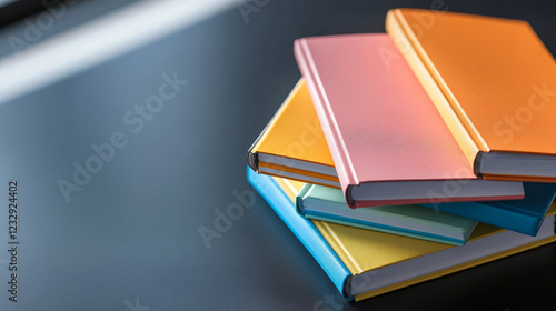 Vibrant neon-colored notebooks stacked on a black tabletop, creating a striking contrast with metallic accessories, in a bold and modern composition with copy space