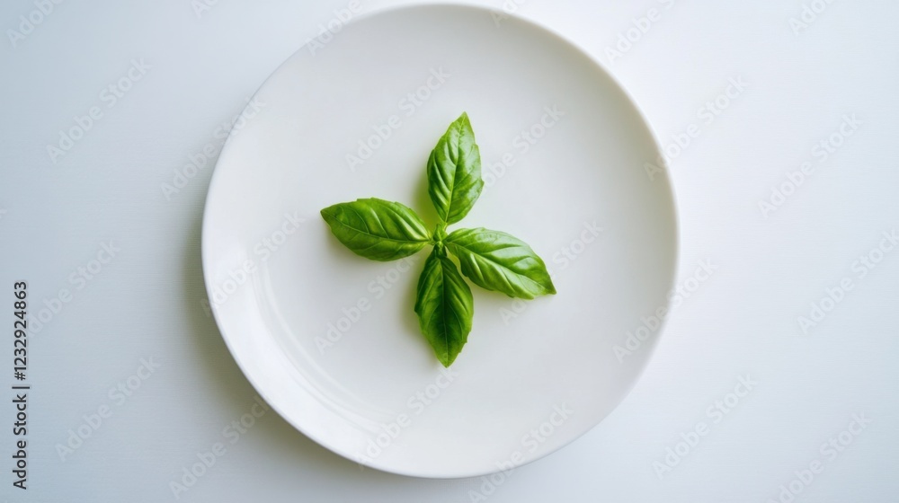 A simple serving of fresh basil leaves, neatly placed on a plain white ceramic plate, Basil leaves centered A simple serving of fresh basil leaves, neatly placed on a plain white ceramic plate, Basil leaves centered