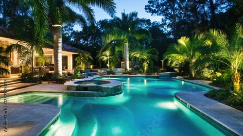 Wallpaper Mural Luxurious Backyard Pool and Spa at Night Torontodigital.ca