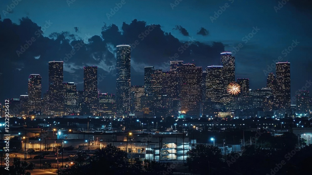 Houston Skyline at Night with City Lights and Fireworks Display Houston Skyline at Night with City Lights and Fireworks Display