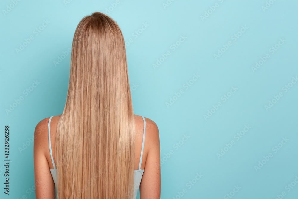 Obraz premium Back view of woman with long straight blonde hair, minimalistic background, copy space for text, smooth hair texture, pastel blue backdrop, beauty and haircare concept