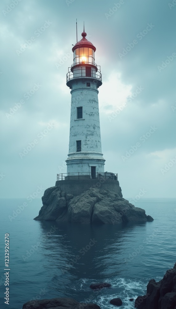 A serene lighthouse stands tall on a rocky shore, its beacon illuminating the calm waters below, symbolizing guidance and safety in maritime navigation. A serene lighthouse stands tall on a rocky shore, its beacon illuminating the calm waters below, symbolizing guidance and safety in maritime navigation.