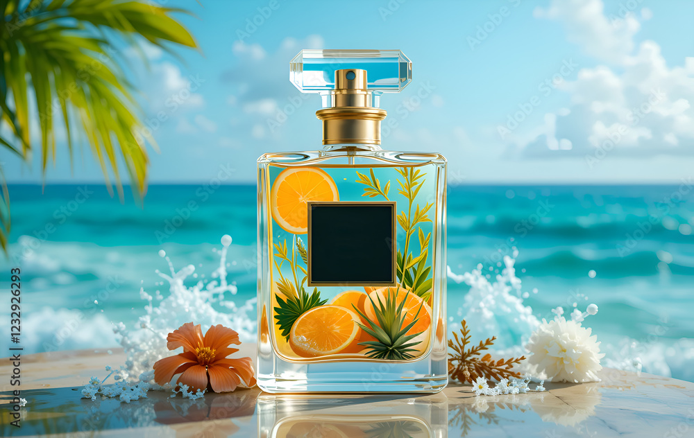 flacon of perfume include stylize element of perfume such as citrus, herbs and other against ocean background. painting 3d render watercolor style . Ai generated.