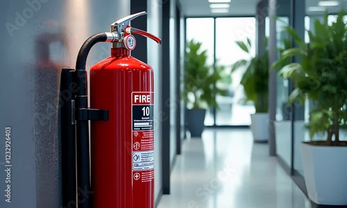 Fire extinguisher on office wall in modern building hallway with greenery
