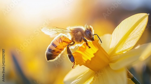 Busy bee collecting nectar from a bright yellow daffodil in a vibrant spring ...