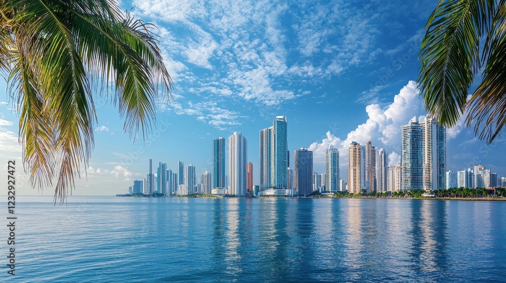 Naklejka premium Stunning Coastal City Skyline with Calm Waters and Palm Trees
