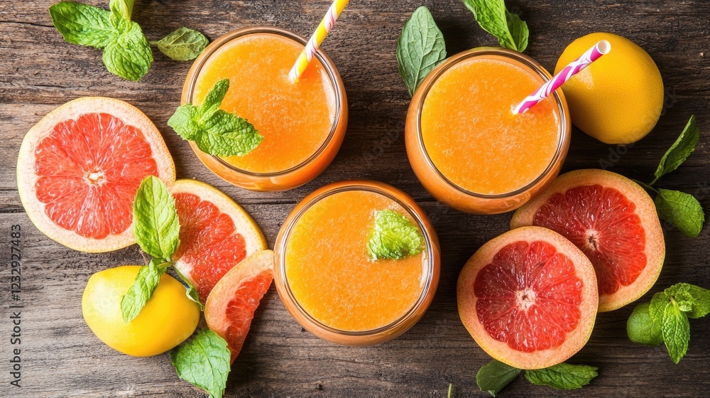 Refreshing Grapefruit Mint Smoothies Wooden Background Refreshing Grapefruit Mint Smoothies Wooden Background