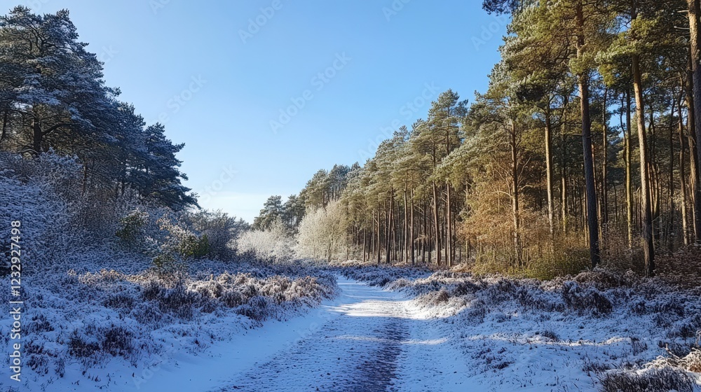 A snowy forest with a road in the middle A snowy forest with a road in the middle