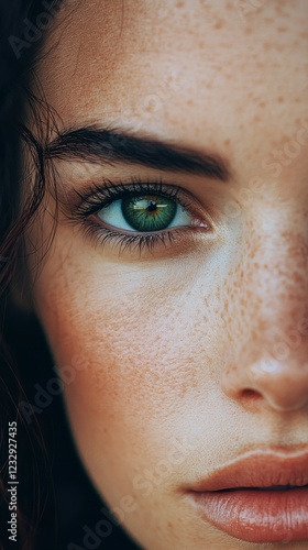 Stunning close-up of a young woman's face featuring vibrant green eyes and fr...