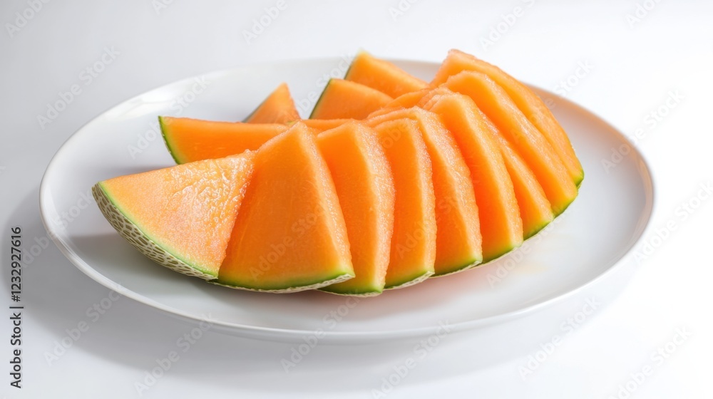 A simple serving of fresh cut cantaloupe slices, neatly arranged in a fan pattern on a plain white ceramic plate, Cantaloupe slices centered A simple serving of fresh cut cantaloupe slices, neatly arranged in a fan pattern on a plain white ceramic plate, Cantaloupe slices centered