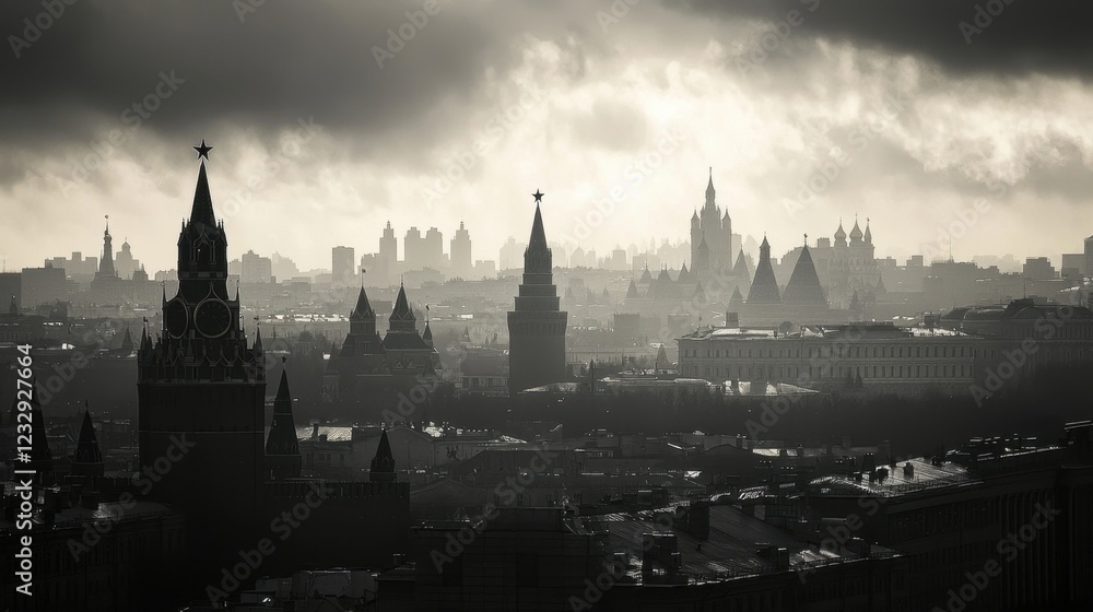 Fototapeta premium Dramatic Silhouette of Moscow Cityscape with Clouds and Towers