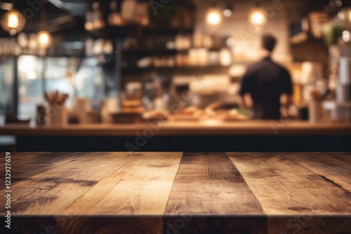 Wallpaper Mural Rustic Wooden Tabletop with Blurred Coffee Shop Background Torontodigital.ca