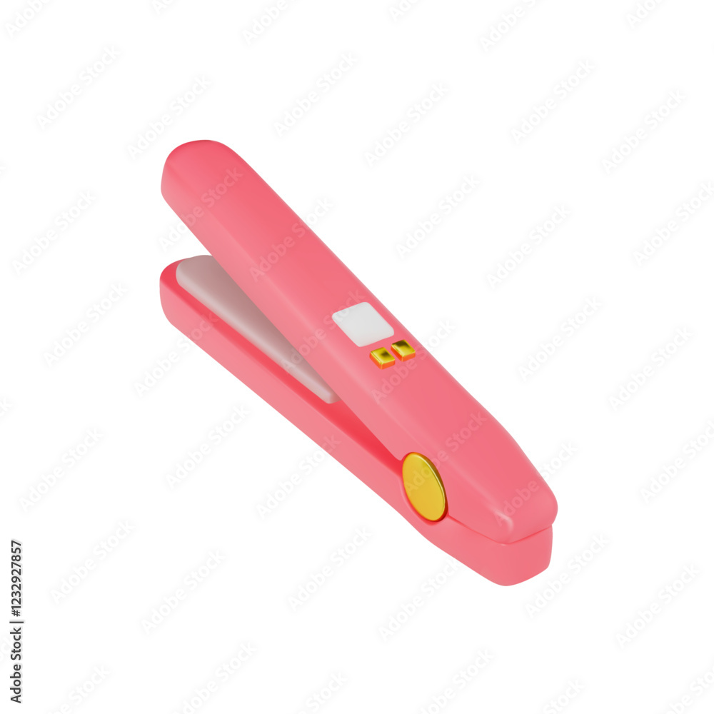 A rendering of a hair straightener in pink with gold buttons. Professional hair styling. Vector illustration on isolated white background. 3d style A rendering of a hair straightener in pink with gold buttons. Professional hair styling. Vector illustration on isolated white background. 3d style