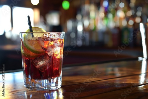 Glasses of water sit on a sleek bar counter in a modern establishment during ...