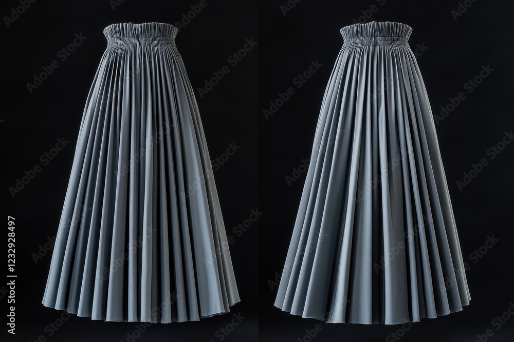 Elegant pleated maxi skirt on display with soft gray fabric and intricate detailing in a studio setting