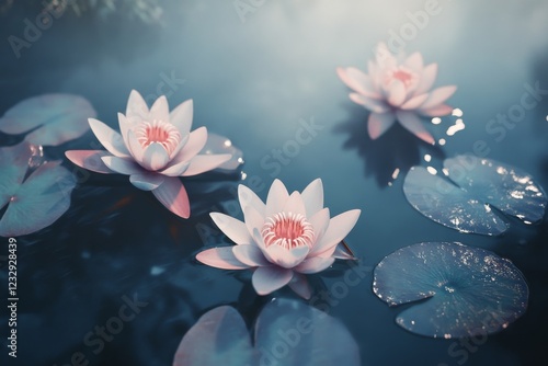 Underwater flowers illuminated by soft sunlight create a tranquil aquatic atm...