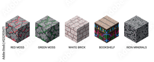 Isometric set of cubic blocks. Pixel style and bright textures are perfect for games, apps and creative projects