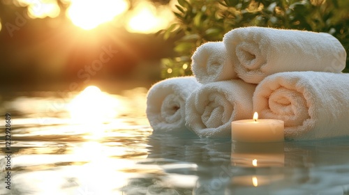 Relaxing spa setup with towels and essential oil in a serene indoor garden