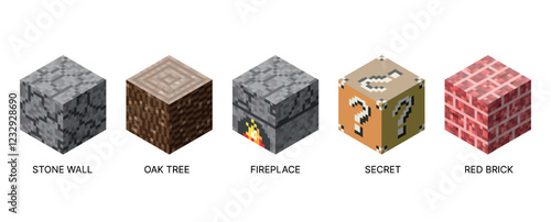 Isometric set of cubic blocks. Pixel style and bright textures are perfect for games, apps and creative projects