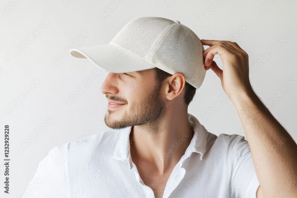 Young man wearing a white cap and casual shirt while smiling and adjusting his headwear indoors Young man wearing a white cap and casual shirt while smiling and adjusting his headwear indoors