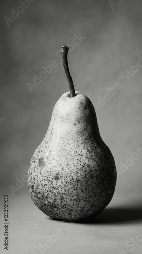 Ripened pear with speckled skin placed on a dark surface with soft lighting