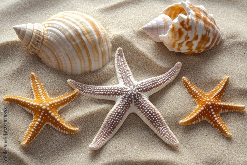 Sunlight illuminating seashells and starfish on sandy ocean floor during daytime