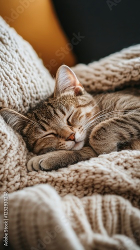 Cozy tabby cat peacefully sleeping under a warm blanket in a comfortable livi...