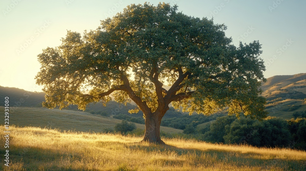 Majestic Oak Tree Stands Alone In Golden Sunset Meadow Majestic Oak Tree Stands Alone In Golden Sunset Meadow