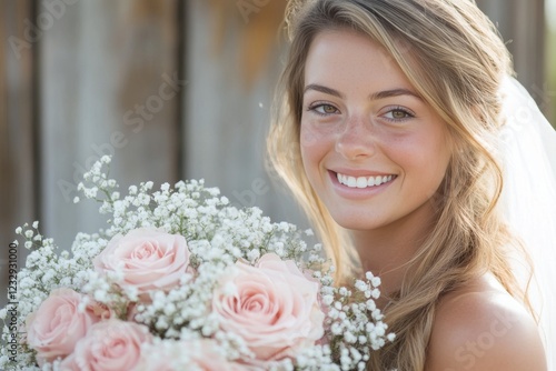 Soft pink roses surrounded by delicate white baby's breath for a romantic bou...