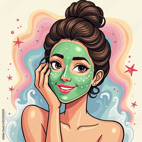 Facial skin care. A woman takes care of her skin. Cosmetic masks, patches, cream, lotion, soap, face scrub. Illustration, vector