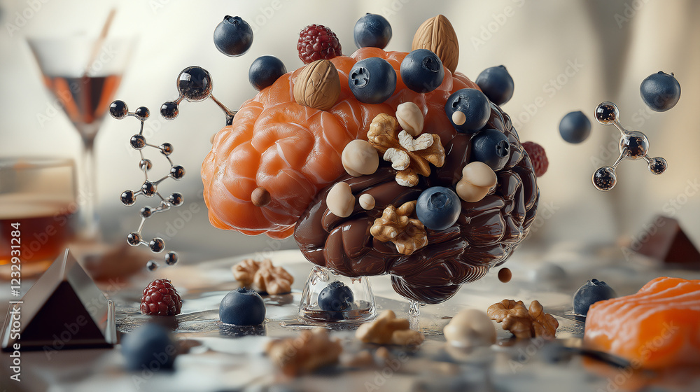 Surreal artistic representation of a human brain made from nuts, berries, and superfoods, floating in mid-air. A symbolic concept of brain health, nutrition, and cognitive enhancement. Surreal artistic representation of a human brain made from nuts, berries, and superfoods, floating in mid-air. A symbolic concept of brain health, nutrition, and cognitive enhancement.