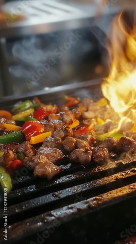 Grilling meat and vegetables over open flames at a summer barbecue gathering