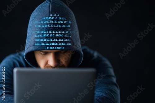 Anonymer Hacker mit digitalem Code auf Kapuze

 photo