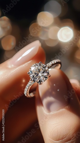 Ring with sparkling diamond held in hand against a blurred shimmering background