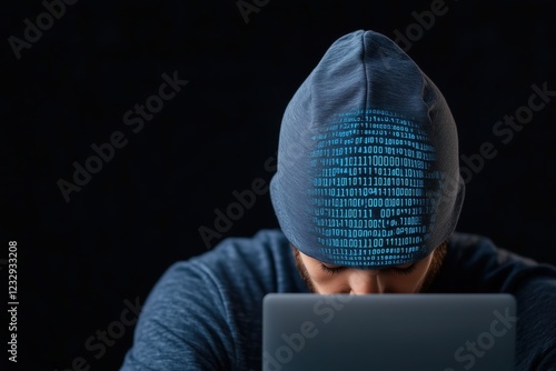 Anonymer Hacker mit digitalem Code auf Kapuze

 photo