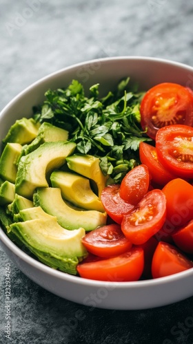 Freshly cut tomatoes and avocado salad served in a bowl with herbs