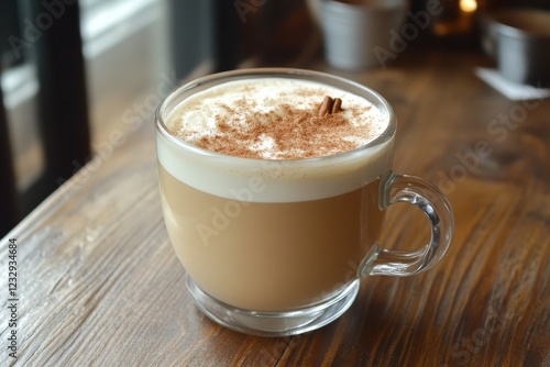 Hot beverage in a ceramic mug on a wooden table in a cozy setting