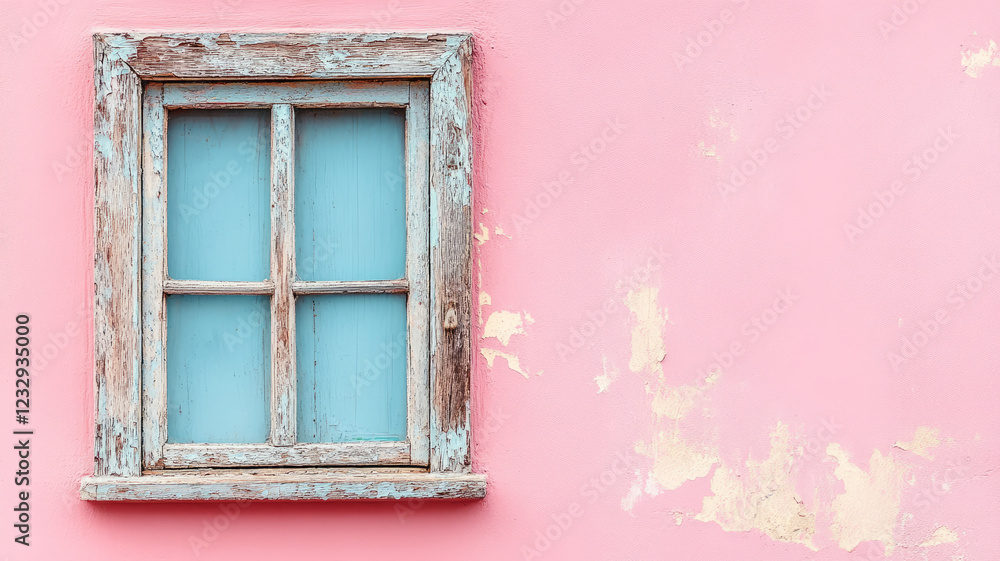 A rustic wooden window on a pink peeling wall. A rustic wooden window on a pink peeling wall.