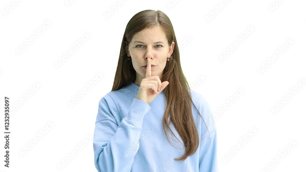 A woman, close-up, on a white background, shows a sign of silence A woman, close-up, on a white background, shows a sign of silence
