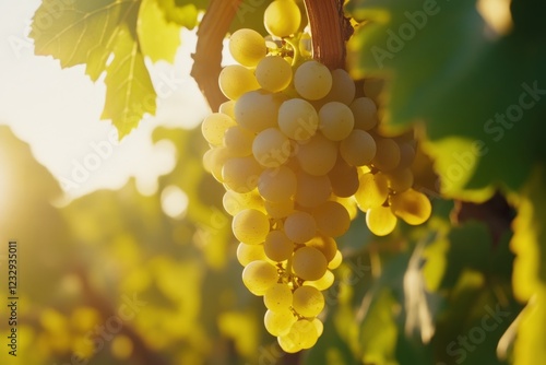 Sunlit vineyard with ripe grapes hanging on the vine during golden hour in a ...