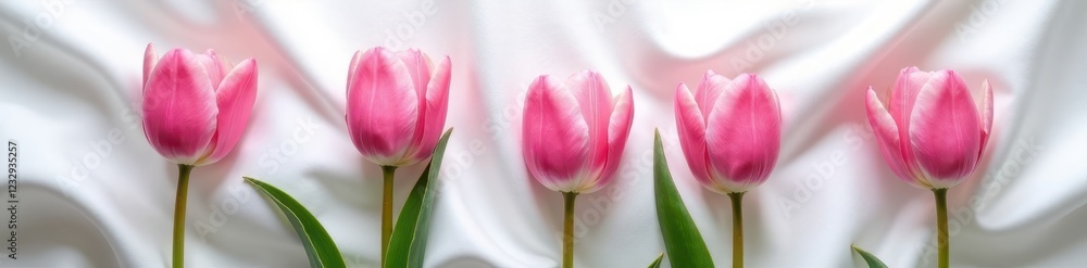 Pink and violet tulip blossoms gracefully positioned on smooth white silk , wallpaper, still life photography Pink and violet tulip blossoms gracefully positioned on smooth white silk , wallpaper, still life photography