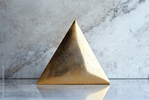 Golden pyramid sculpture on a marble surface reflecting modern design and ele...