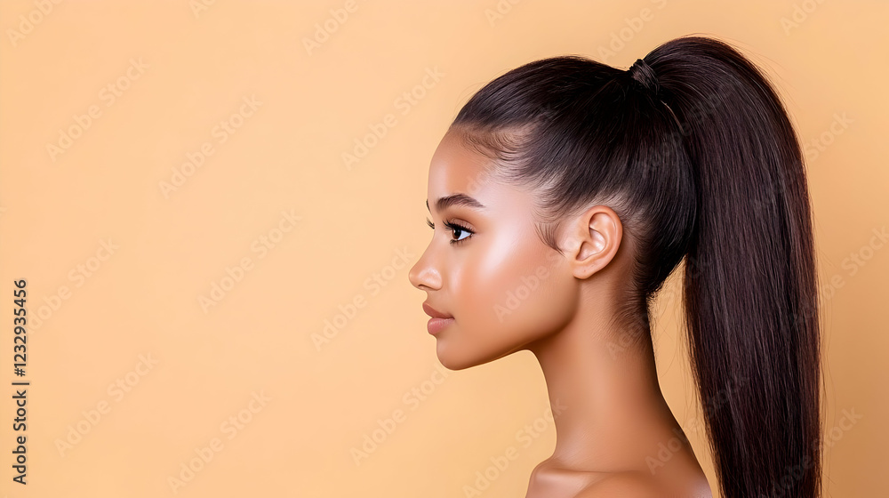 Woman, profile, high ponytail, beige background, beauty Woman, profile, high ponytail, beige background, beauty