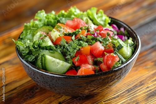 Fresh garden salad with vibrant vegetables in a rustic bowl on a wooden table