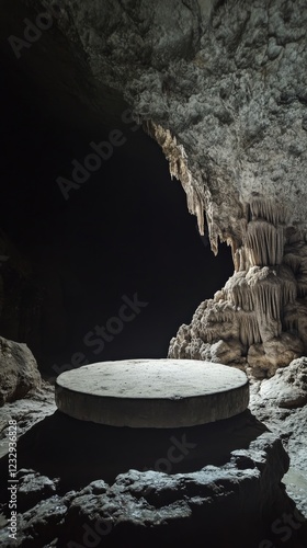 Unique underground cave with a circular platform and stunning stalactite form...